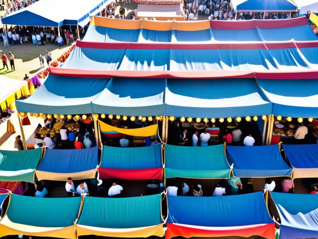 Ferias gastronómicas Uruguay: Festejo culinario bajo un cielo zafiro, con puestos coloridos, comida típica y risas al atardecer