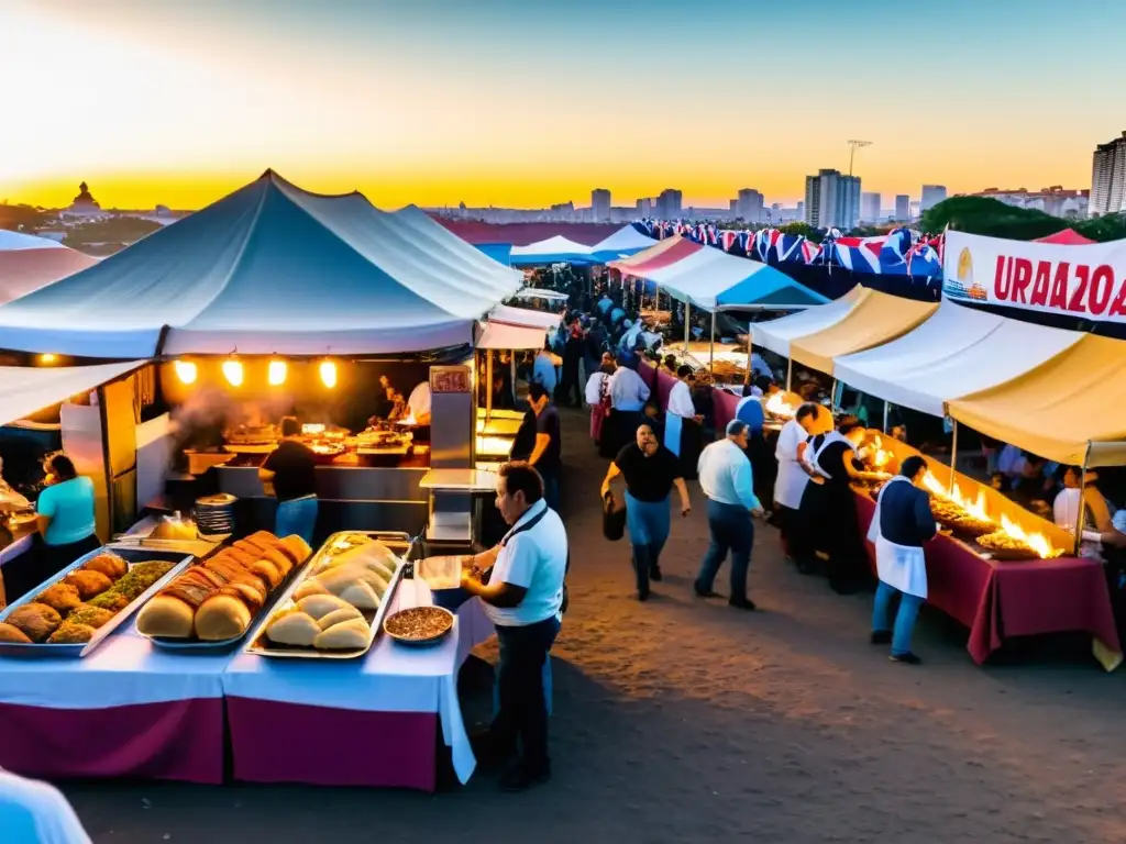 Ferias gastronómicas Uruguay en plena efervescencia, con puestos de comida tradicional en un atardecer dorado lleno de risas y música