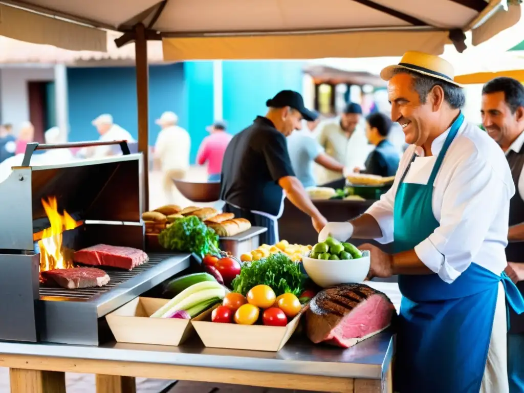 Ferias gastronómicas Uruguay: Plaza vibrante, llena de color y sabor, con chivito y empanadas uruguayas recién hechas, y mate tradicional