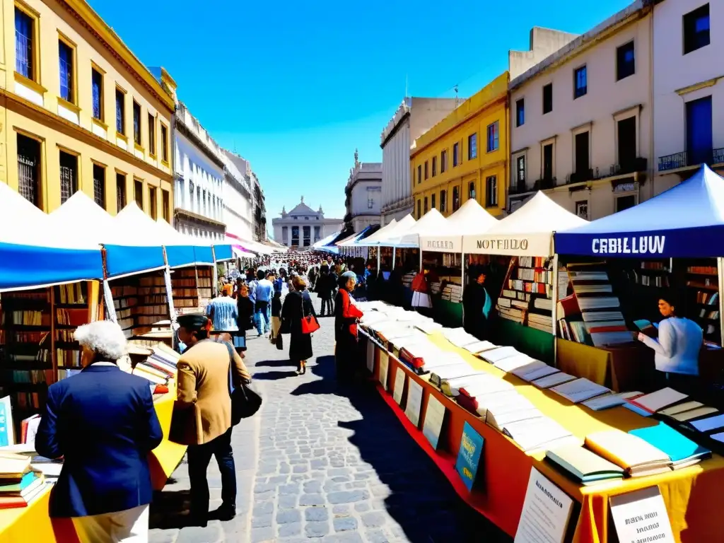 Ferias literarias importantes Uruguay: Gente disfrutando de la vibrante energía literaria bajo el cielo cerúleo en Montevideo