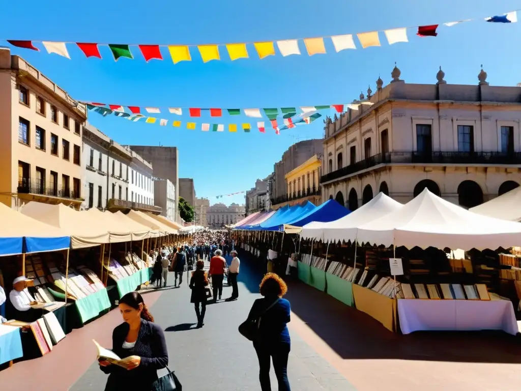 Una de las ferias literarias importantes de Uruguay en Montevideo, llena de lectores apasionados, bajo edificios coloniales y una atmósfera festiva