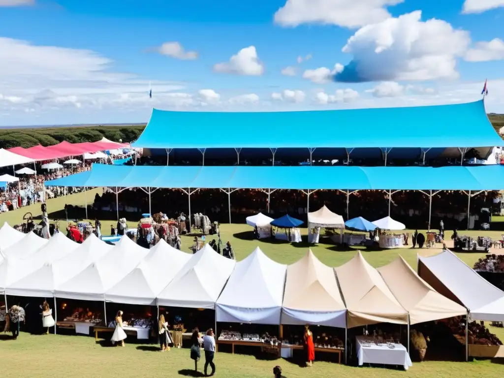 Ferias de moda en Uruguay llenas de vida y color bajo un cielo azul radiante, con compradores y diseñadores compartiendo pasión y creatividad