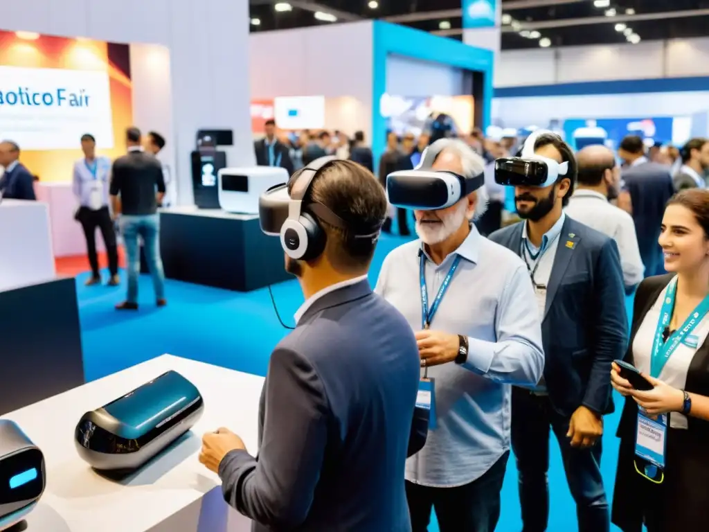 Ferias de tecnología en Uruguay: entusiastas probando innovaciones, desde realidad virtual hasta impresoras 3D, en un escenario vibrante y energético