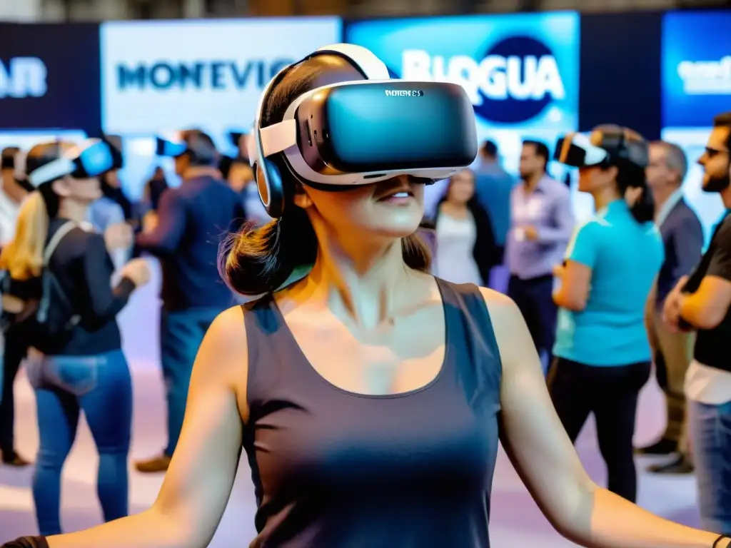 Ferias de tecnología en Uruguay cobran vida en Montevideo, con una mujer sumergida en un mundo de realidad virtual y el sol poniente bañando la escena