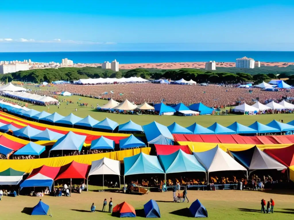 Ferias de música en Uruguay cobran vida en una escena vibrante con tiendas coloridas, músicos enérgicos y el Teatro Solis de fondo