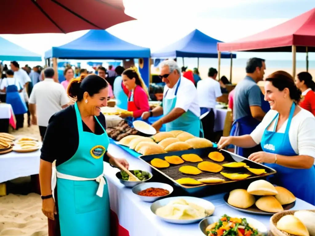 Festival bullicioso de Gastronomía de la Costa en Uruguay, con puestos coloridos, chefs apasionados y danzas flamencas bajo el sol resplandeciente