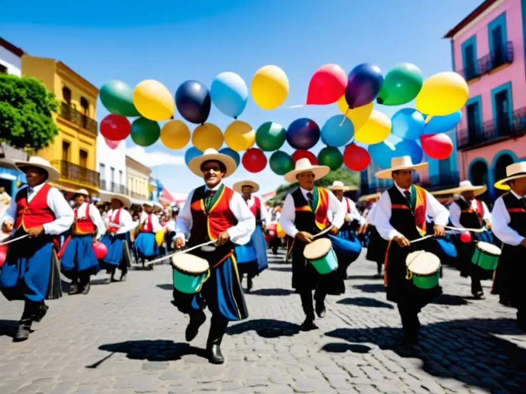 Festival callejero vibrante en un pequeño pueblo uruguayo, resaltando la belleza de las tradiciones y costumbres de los pueblos uruguayos