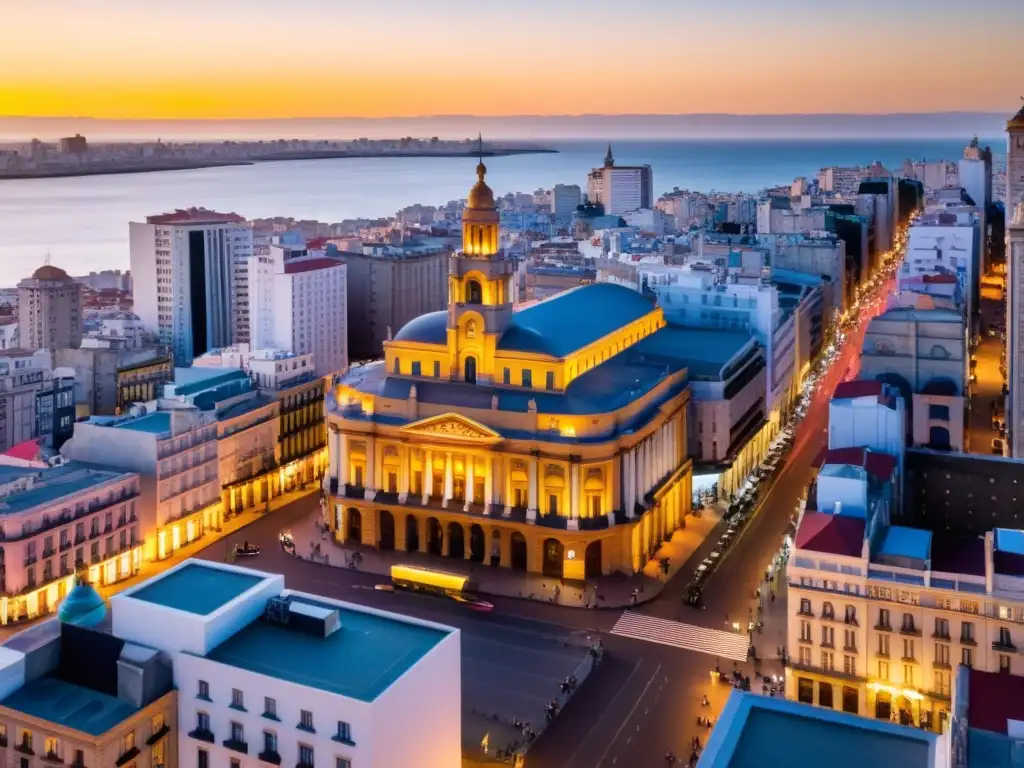 Festival de Cine Montevideo Uruguay: Vista aérea de la ciudad vibrante al atardecer, con el histórico Teatro Solís iluminado y lleno de expectantes cinéfilos