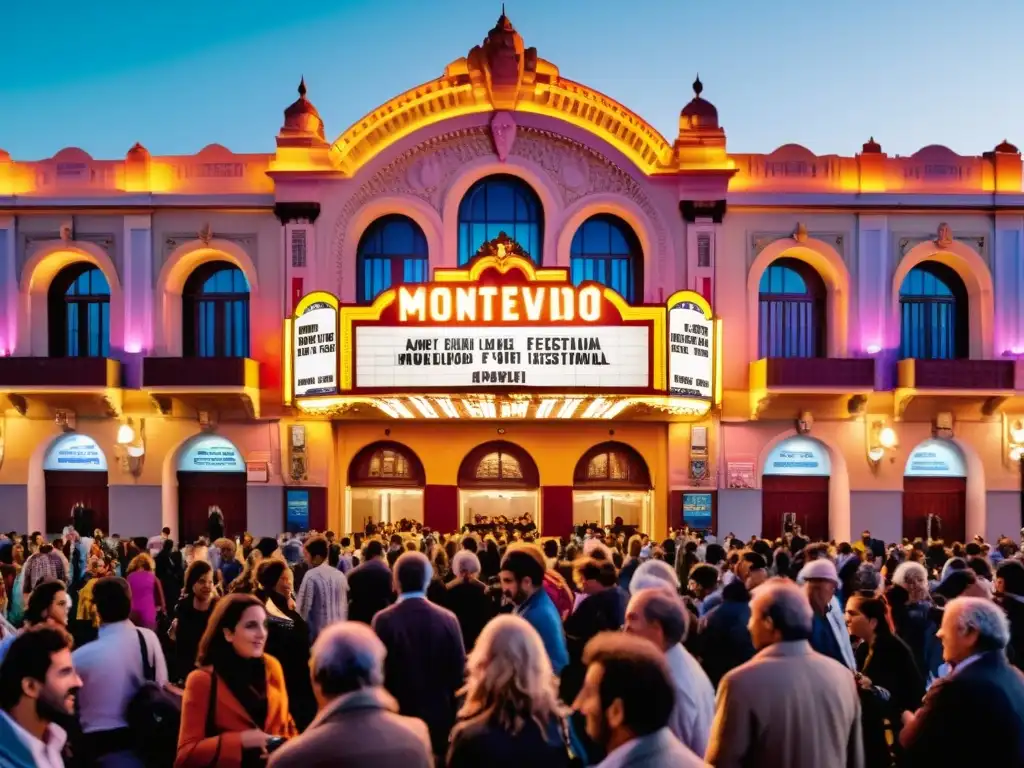 Festival de Cine Montevideo Uruguay: Joven cineasta iluminada por luces cálidas, charlando apasionadamente bajo un antiguo cine deslumbrante