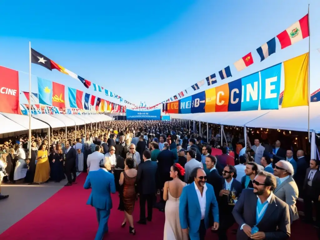 Festival de Cine Montevideo Uruguay en pleno auge, con talento local brillando de emoción bajo un cielo azul y banderas multicolores