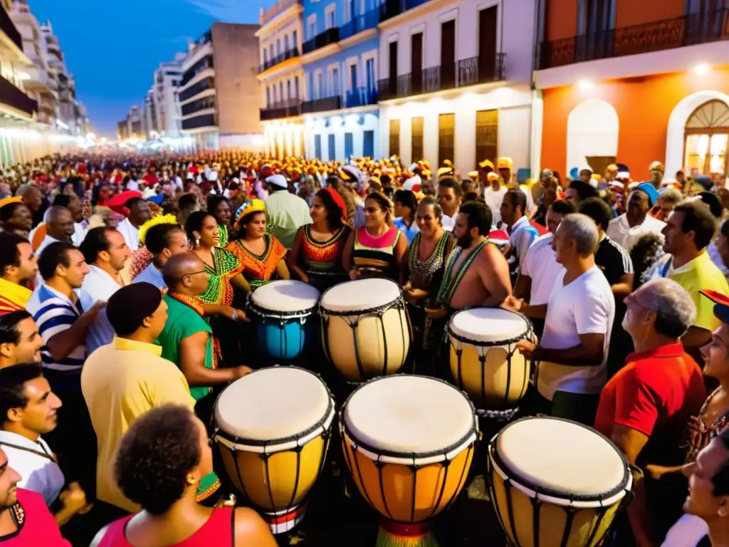 Festival de Candombe, tradición cultural uruguaya, llena de energía y color bajo el cielo atardecer de Montevideo