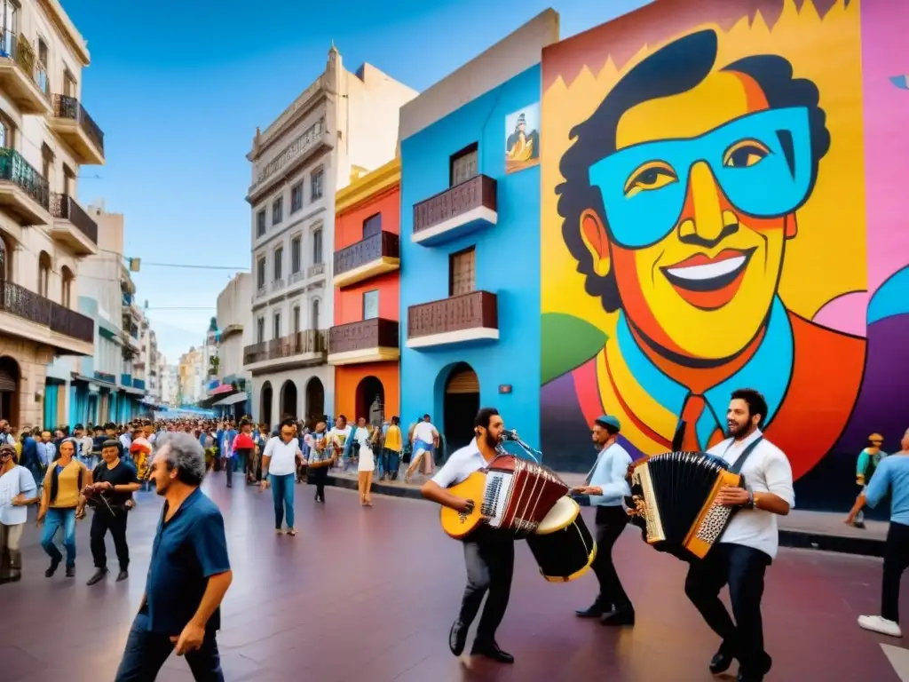 Festival de música uruguaya en la era digital en Montevideo, con artistas tocando instrumentos tradicionales y modernos, bajo luces de neón