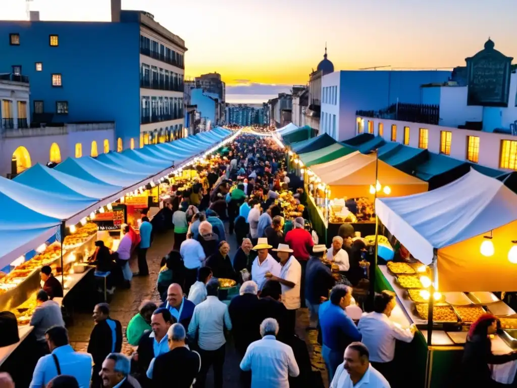 Festival de eventos gastronómicos en Montevideo, Uruguay, impulsando la economía local con puestos de comida llenos de color y risas al atardecer