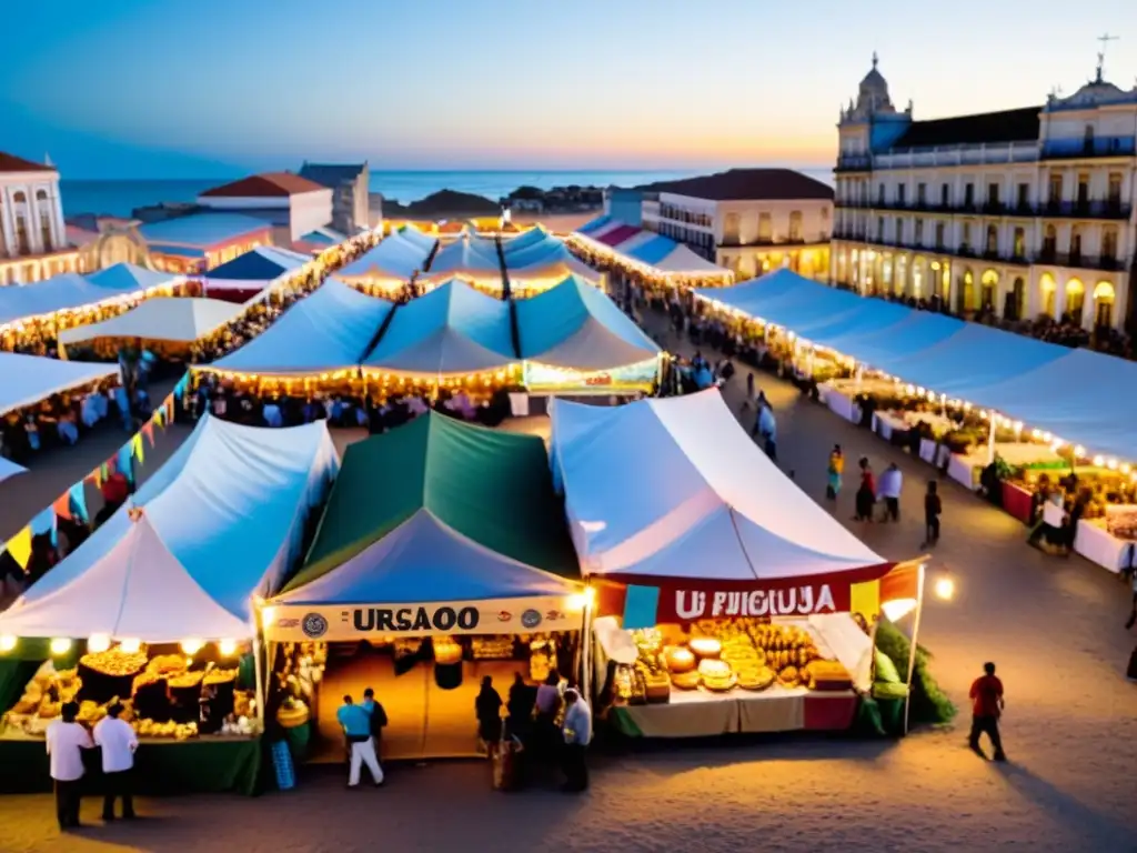 Festival de eventos gastronómicos en Uruguay, impulso de la economía local, con asados, empanadas y alfajores, bajo luces festivas