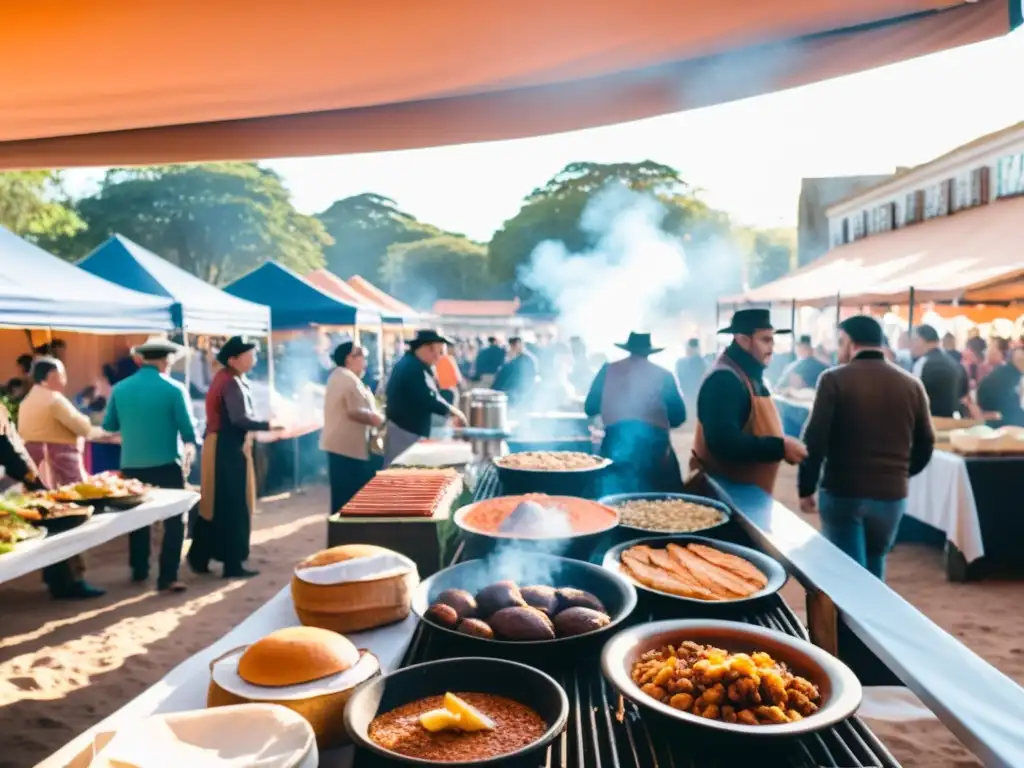 Festival de eventos gastronómicos populares en Uruguay, lleno de vida y color, bajo un cálido atardecer naranja