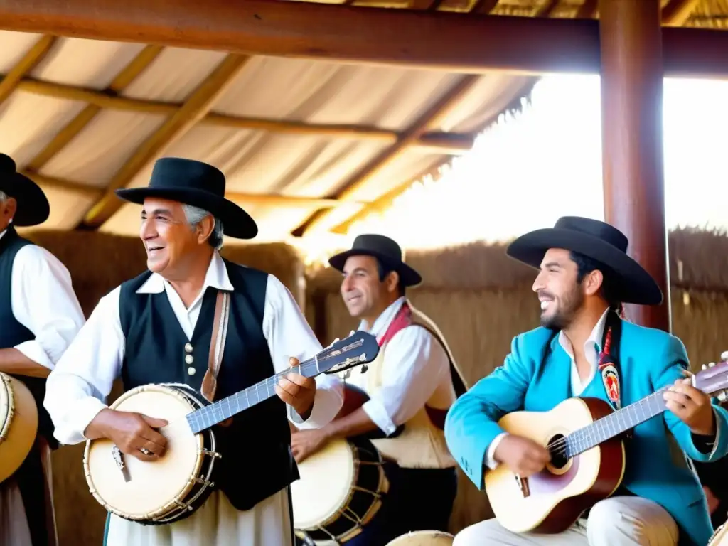 Festival de música folklórica uruguaya vibrante, con instrumentos autóctonos y voces apasionadas bajo el cálido atardecer dorado