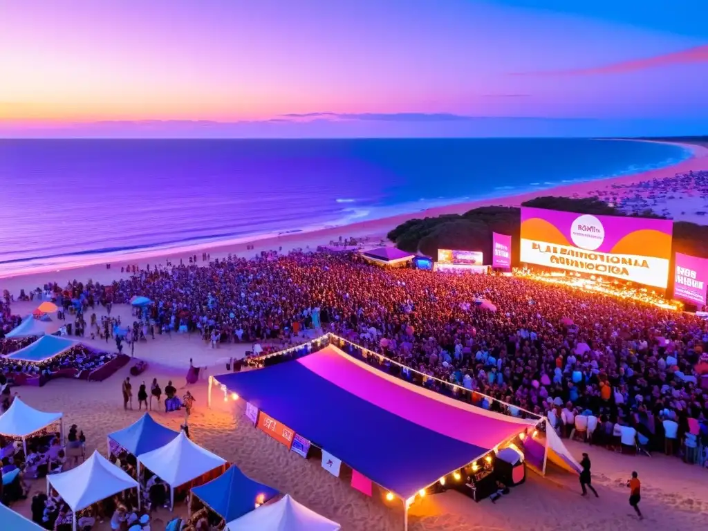 Festival Internacional de la Canción en Punta del Este, reuniendo a multitudes al atardecer bajo un cielo pintado de naranja, rosa y morado