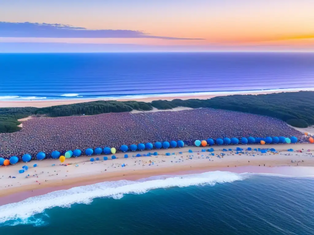 'Festival Internacional de la Canción en Punta del Este, con una playa llena de algarabía, globos multicolores y un escenario vibrante al atardecer