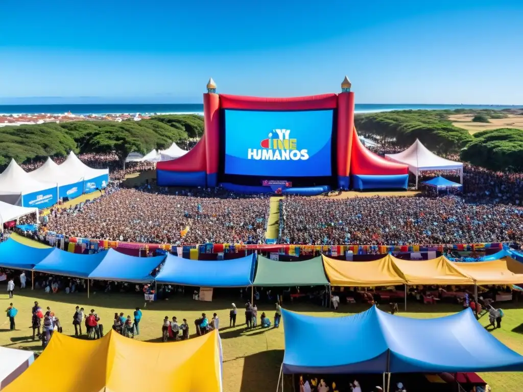 Festival Internacional de Cine y Derechos Humanos Uruguay: la vibrante atmósfera con multitudes paseando entre coloridos puestos bajo el brillante cielo azul