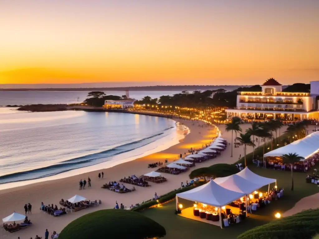 Festival Internacional de Cine Punta del Este, con elegantes asistentes, atardecer dorado y película clásica proyectándose al aire libre