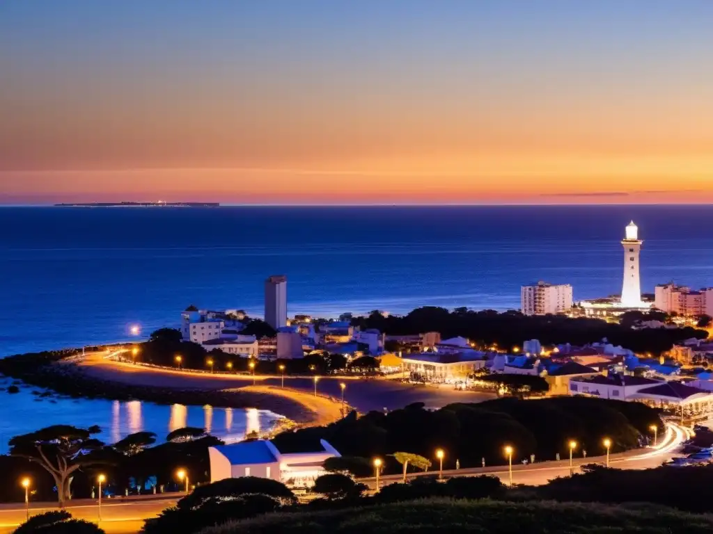 Festival Internacional de Cine Punta del Este brillando al anochecer, con 'La Mano', mar Atlántico y ciudad encendida