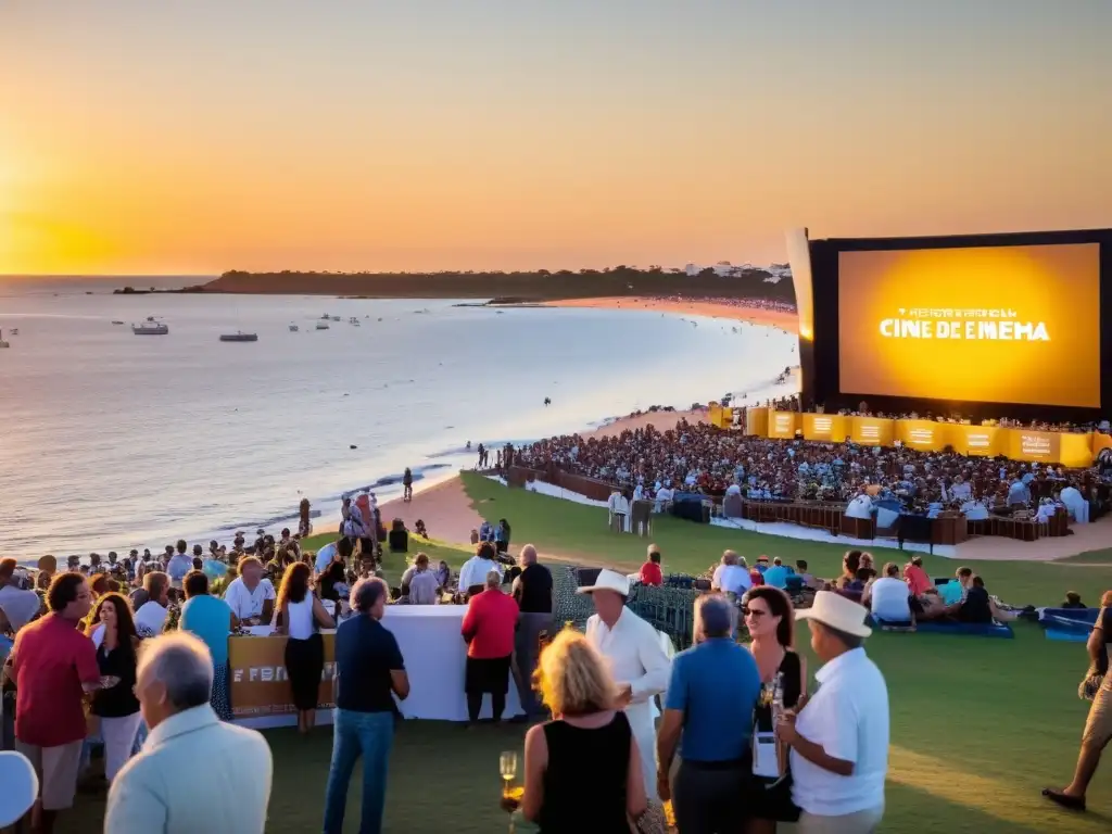 Festival Internacional de Cine de Punta del Este en pleno apogeo, con cinéfilos emocionados, un gran cine al aire libre y el emblemático faro, todo bañado por el dorado atardecer