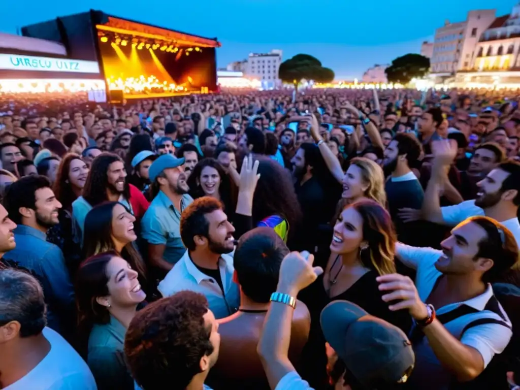 Festival de música popular uruguaya en Montevideo, con multitudes emocionadas bajo luces vibrantes y el icónico Palacio Salvo de fondo