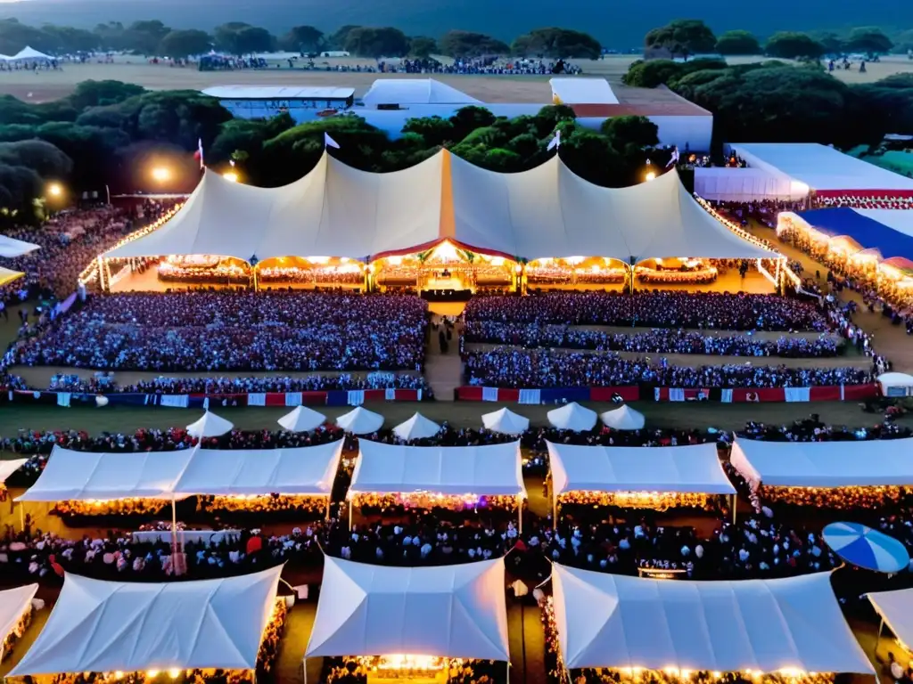 Festival Nacional de Folclore Durazno en pleno apogeo, vibrando con danzas, luces suaves y el cálido atardecer uruguayo