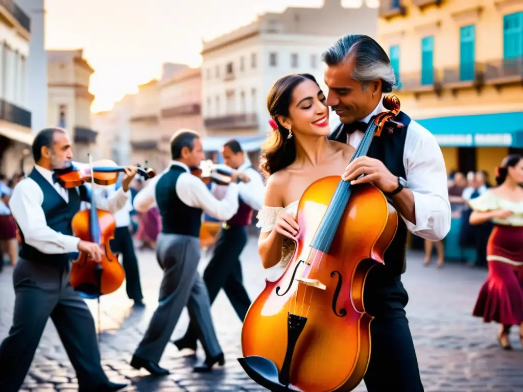 Festival de Tango Montevideo Uruguay: danzarines apasionados bailan en una histórica plaza al atardecer, al ritmo de la música callejera