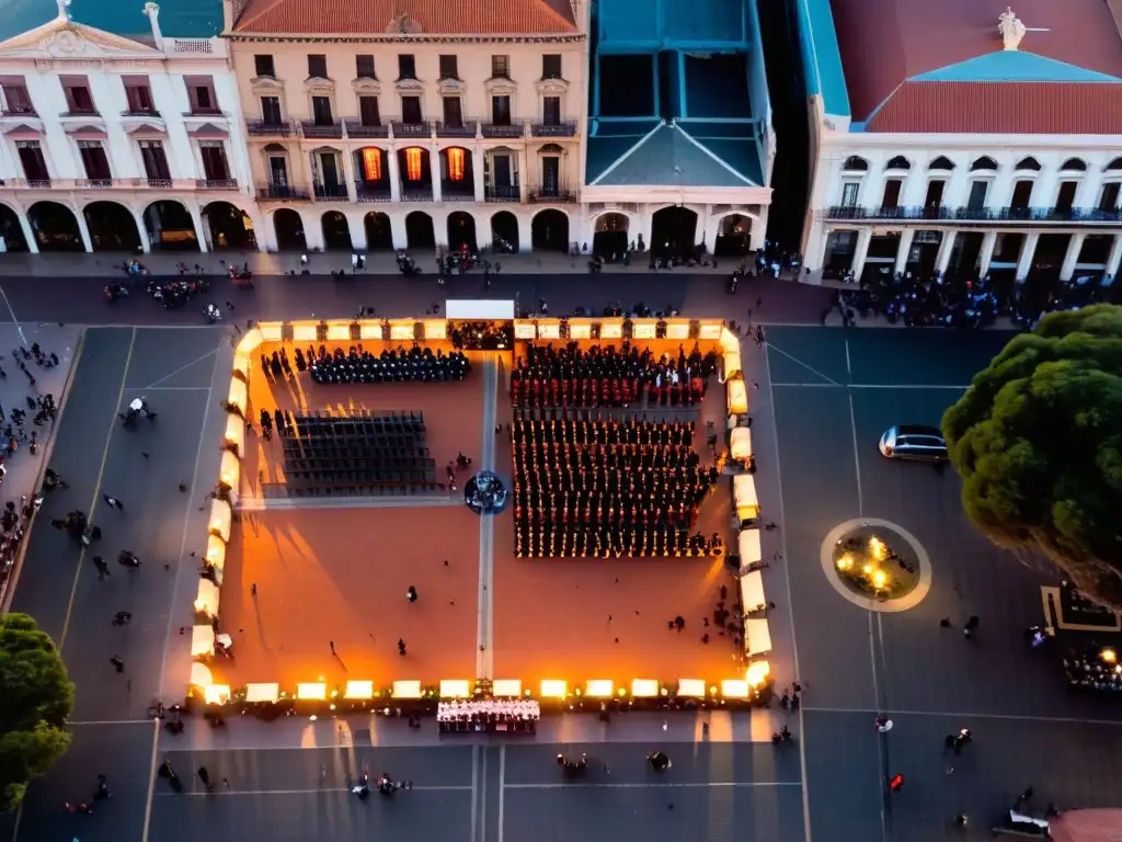 Festival de Tango Montevideo Uruguay en su apogeo, lleno de pasión, danza y música bajo el atardecer cálido de la Plaza Independencia