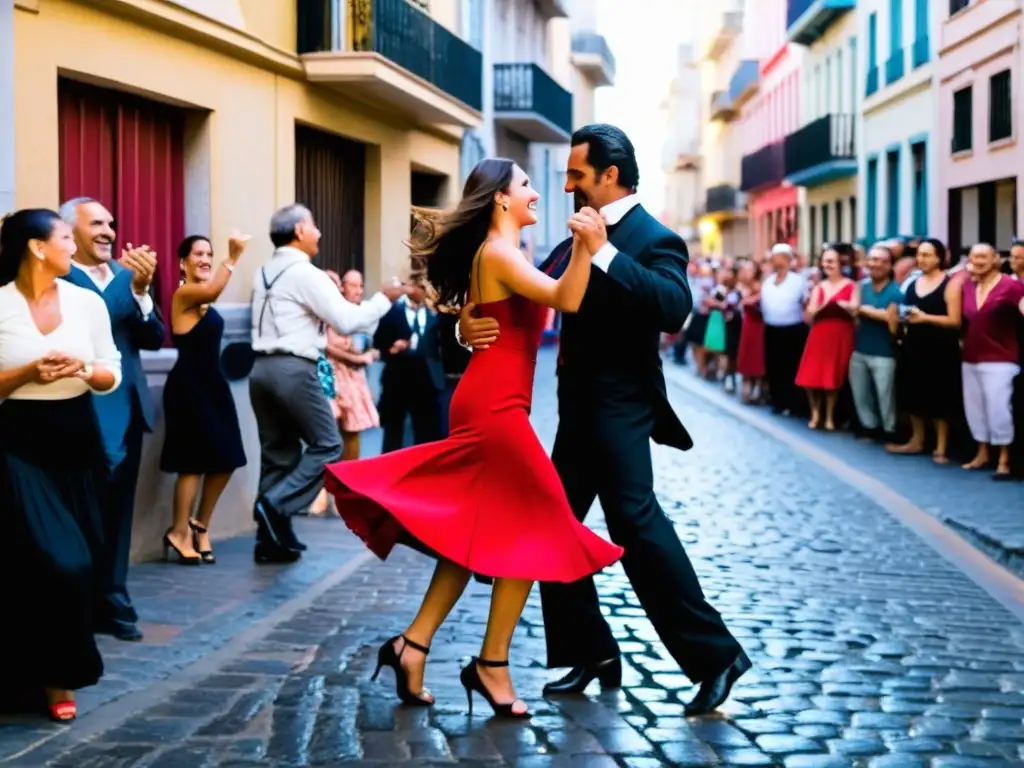 Festival de Tango Montevideo Uruguay en ebullición: parejas danzando apasionadamente, espectadores vitoreando y luces coloridas iluminando la noche