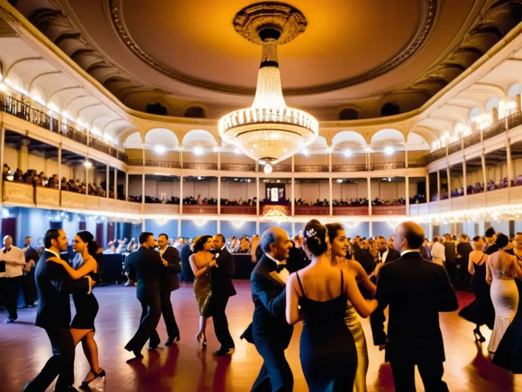 Festival de Tango Montevideo Uruguay, con su vibrante energía reflejada en espejos dorados y una pareja apasionada bailando al ritmo del bandoneón