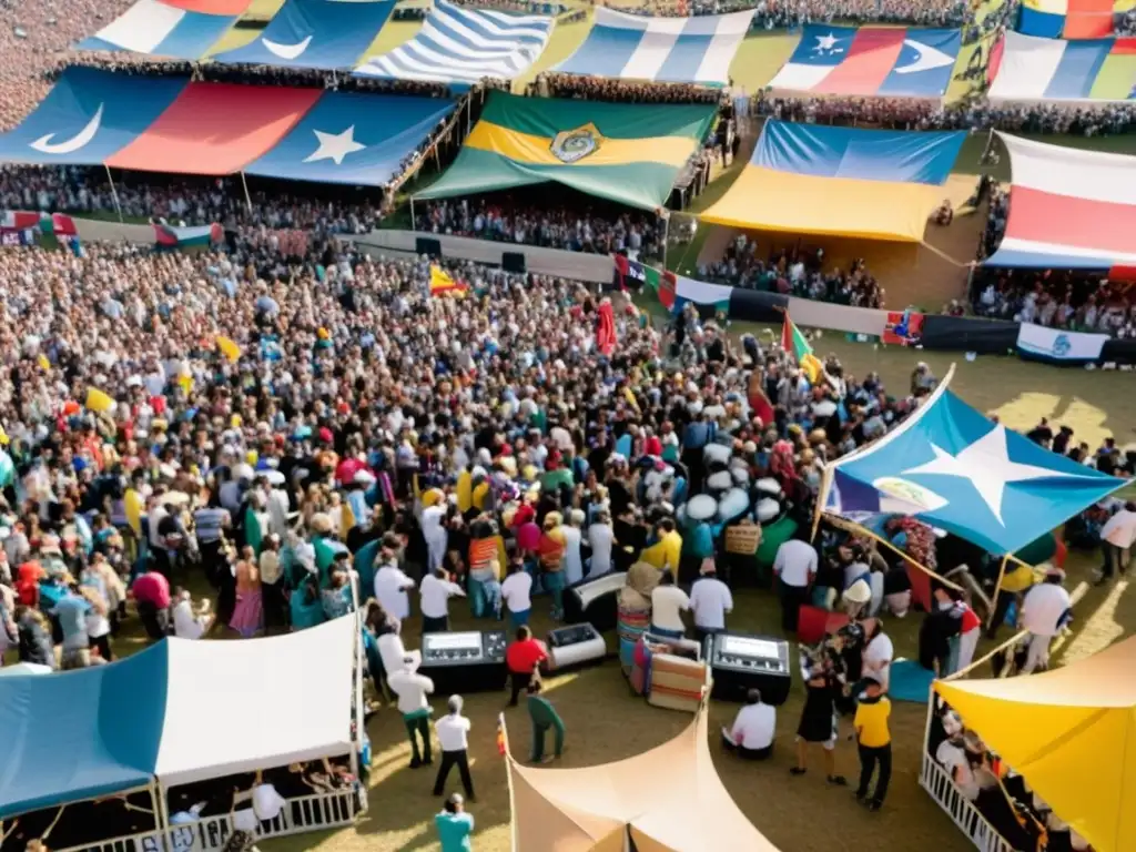 Festival uruguayo lleno de vida y color, vibrando al ritmo de la evolución música Uruguay raíces presente, bajo un mágico atardecer en Montevideo