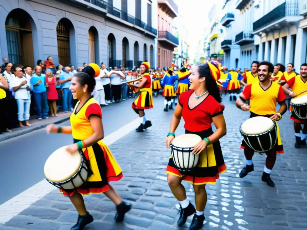 Festival uruguayo lleno de vida en Montevideo, con danzas tradicionales y risas, reflejo de las costumbres y creencias de Uruguay