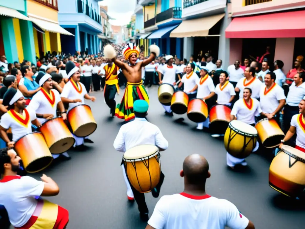 Festival vibrante de Candombe: Música y Danza AfroUruguaya en Uruguay, con bailarines coloridos y espectadores fascinados bajo las luces de Montevideo