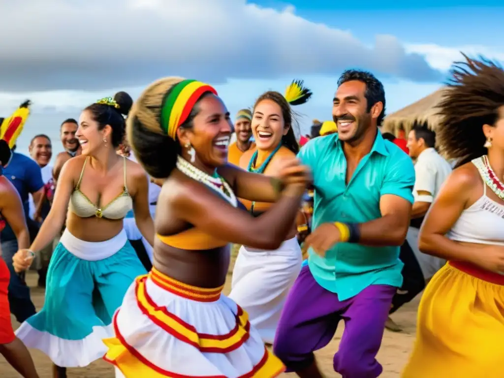 Festival vibrante en el paraíso escondido Isla Fuerte, Uruguay, con locales danzando el Candombe, rodeados de vegetación exuberante y playas prístinas