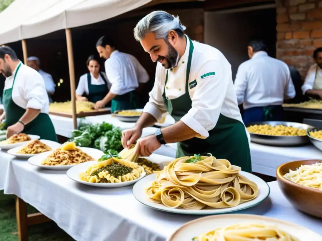 Festival vibrante en Uruguay, evocando la tradición de pasta italiana, con mesas llenas de delicias culinarias y chefs en acción