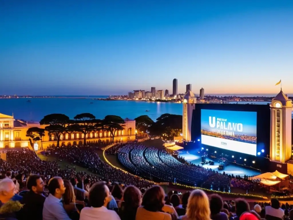 Festivales de cine Uruguay 2022: al anochecer, una escena animada y luminosa en Montevideo, donde la pasión por el cine brilla