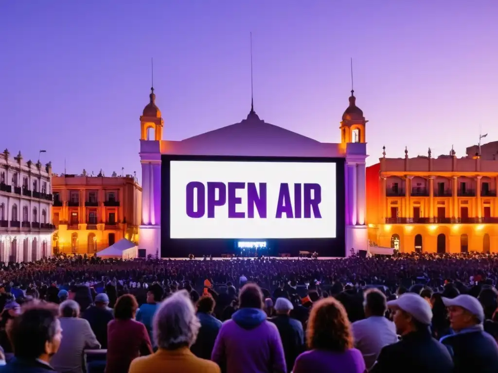 Festivales de cine en Uruguay: multitud expectante bajo un cielo de atardecer en Montevideo, aguardando el inicio de una película al aire libre