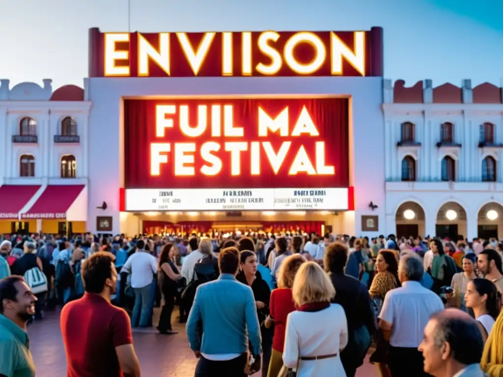 Festivales de cine Uruguay 2022 llenos de vida, colorido atardecer sobre Montevideo y un cine iluminado con cinéfilos emocionados