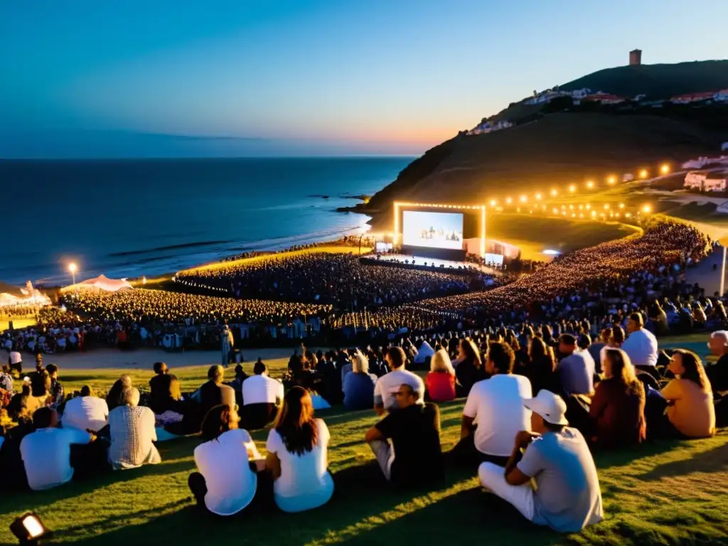 Festivales de cine en Uruguay: multitud diversa disfruta bajo luces suaves en Piriápolis, entre océano chispeante y colinas al anochecer