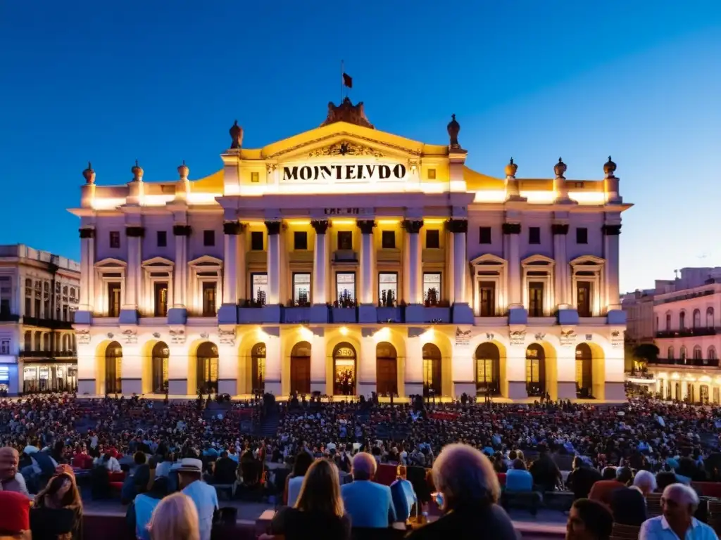 Festivales de cine y teatro en Uruguay: Teatro Solís iluminado, gente disfrutando y mujer apasionada sosteniendo un rollo de película en Montevideo