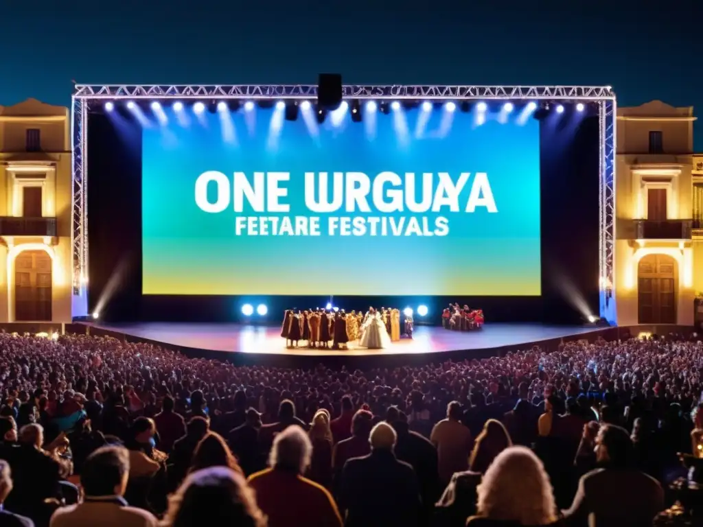 Festivales de cine y teatro en Uruguay llenos de pasión y energía, con una multitud vibrante admirando una actuación emotiva bajo fuegos artificiales