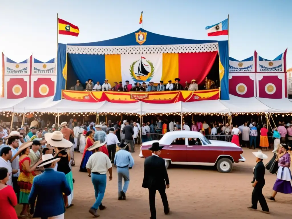 Festivales de cine y teatro en Uruguay: una marquesina vibrante de cultura uruguaya, multitud animada y arquitectura de Montevideo al atardecer