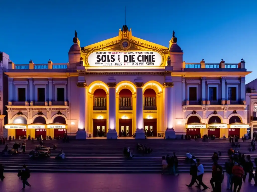 Festivales de cine en Uruguay: Una vibrante multitud anticipa la magia del cine bajo el cielo crepuscular en el icónico Teatro Solís, Montevideo