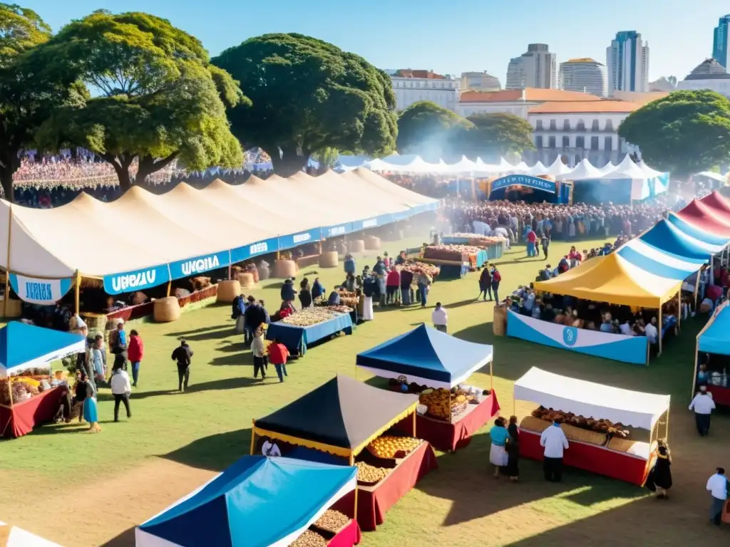 Festivales Gastronómicos tradicionales Uruguay: bullicio de gente en puestos coloridos, asado comunal al centro, bajo un atardecer dorado