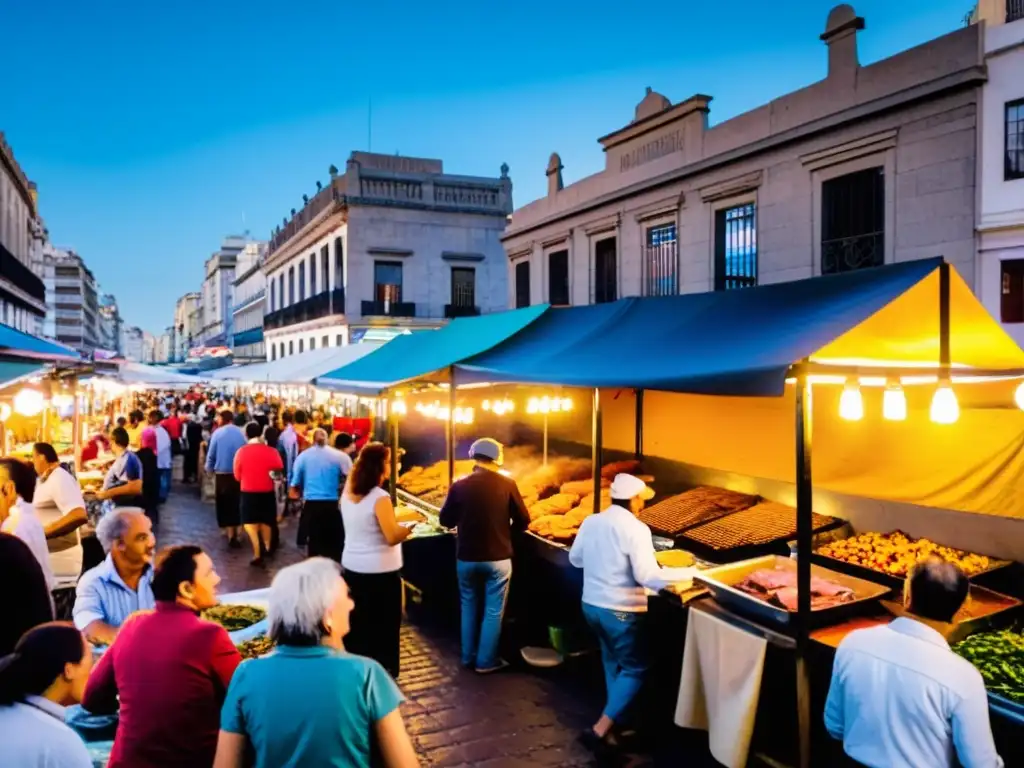 Festivales Gastronómicos tradicionales Uruguay: Mercado rebosante de vida en Montevideo, sabores autóctonos, colores vibrantes y alegría sin igual