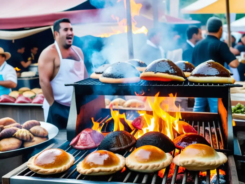 Festivales Gastronómicos tradicionales Uruguay: Vendedores en trajes coloridos preparan platos auténticos bajo un cálido atardecer dorado