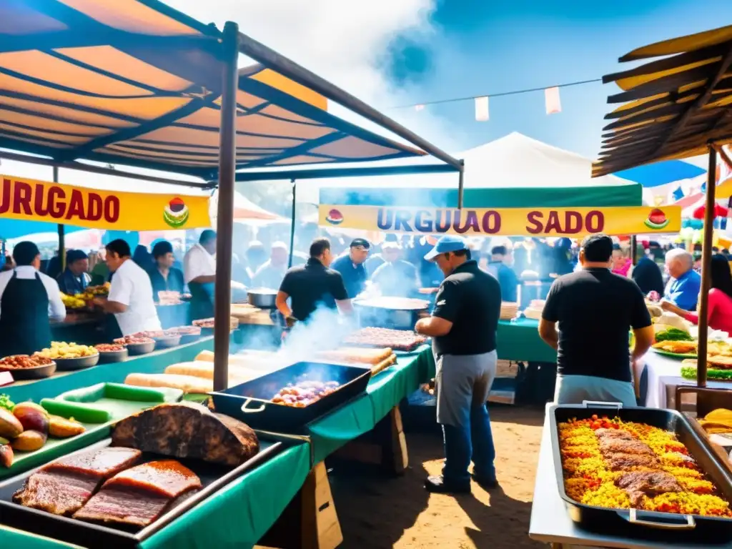 Festivales Gastronómicos tradicionales de Uruguay: escena vibrante de puestos de comida, asado humeante y risas bajo un atardecer dorado