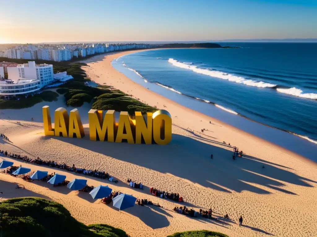 Festivales imperdibles Uruguay: vista panorámica de Punta del Este durante el Festival de Cine, poblado de cinéfilos, con 'La Mano' al atardecer